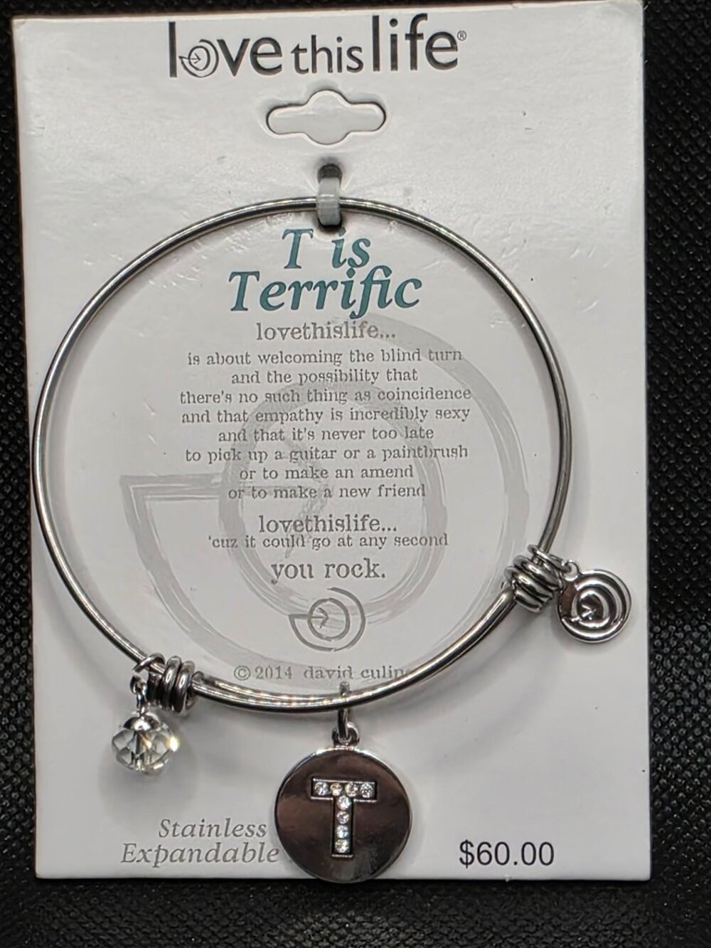 Love This Life "T is Terrific" Initial Stainless Steel Expandable Charm Bangle B